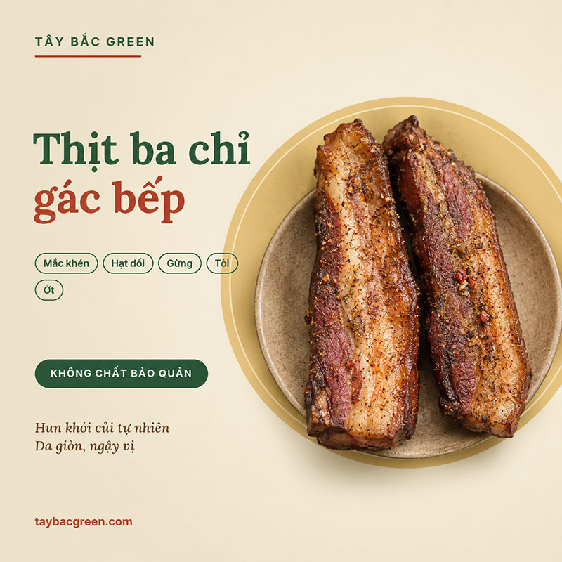 Thịt ba chỉ gác bếp Tây Bắc hun khói củi tự nhiên, da giòn vàng, lớp nạc mỡ đều ướp mắc khén hạt dổi